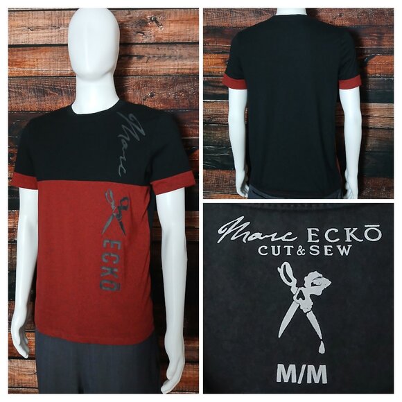 Marc Ecko Cut & Sew T-Shirt Mens M Burgundy Black Graphic Logo Tee Shirt - Picture 1 of 8